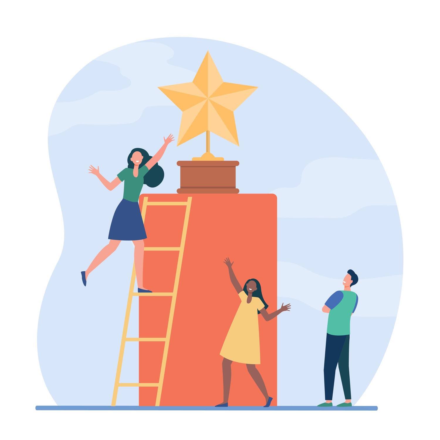 Women climbing a ladder and reaching for a star on a podium while her friends watch