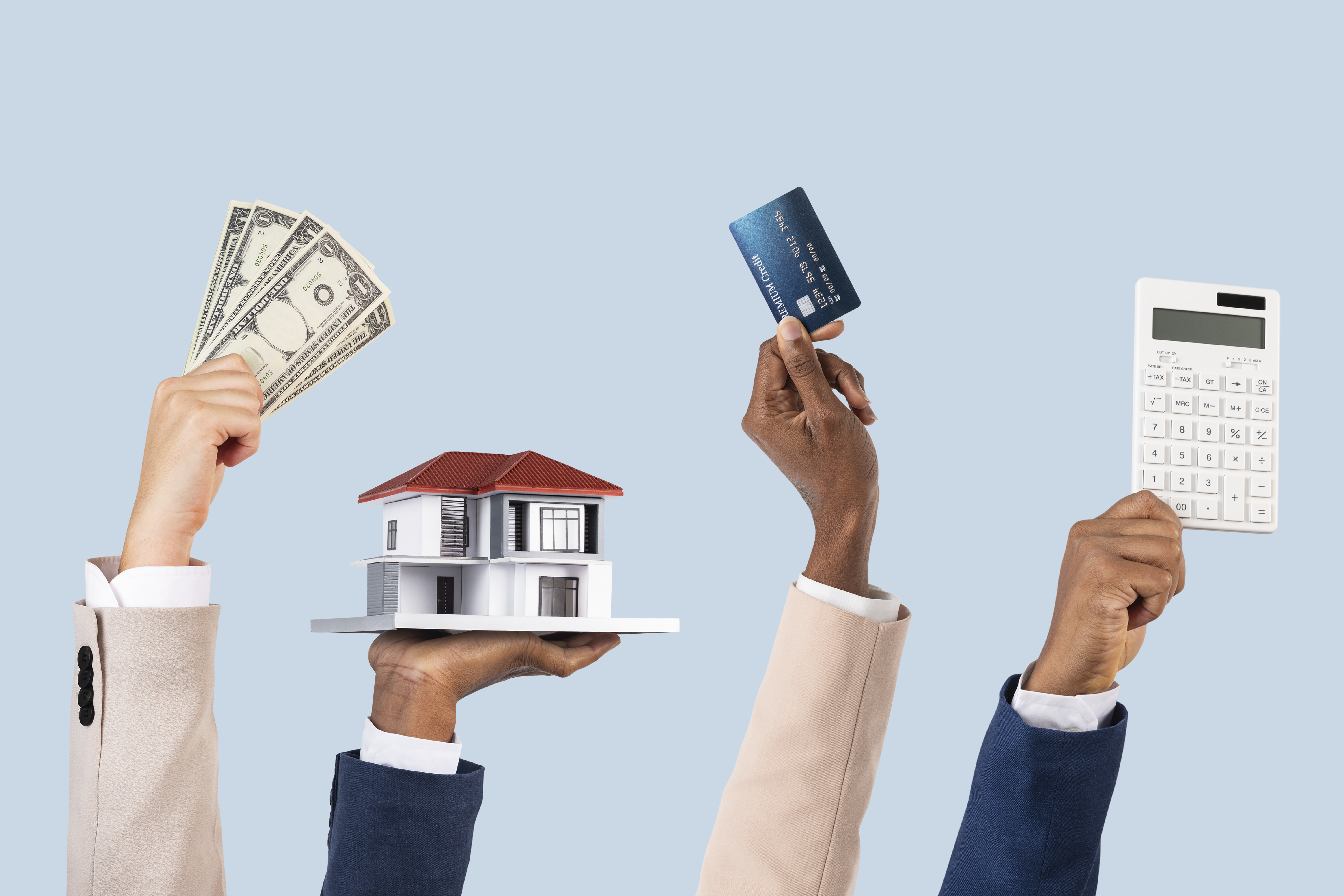 Graphic of hands holding money, a model house, a credit card, and a calculator